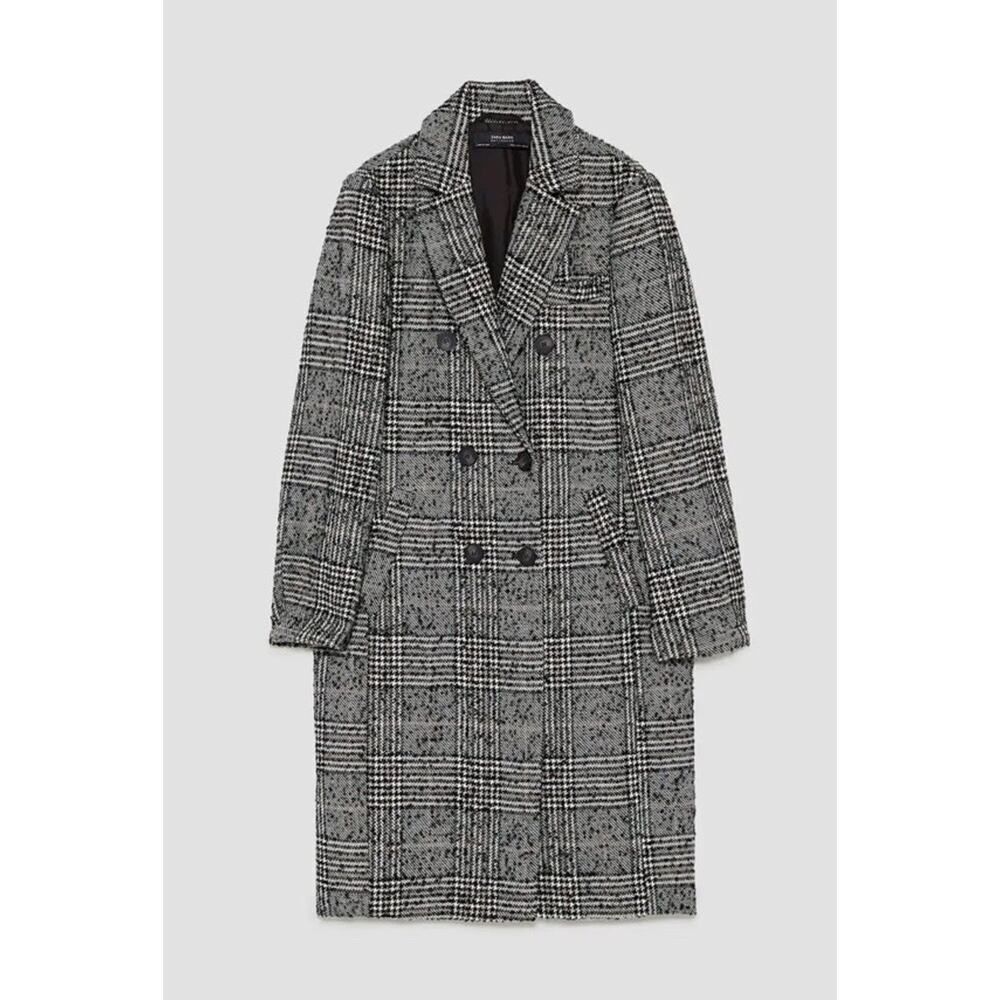 ZARA Plaid Double-Breasted Wool Blend Coat Gray Checkered Long Peacoat L